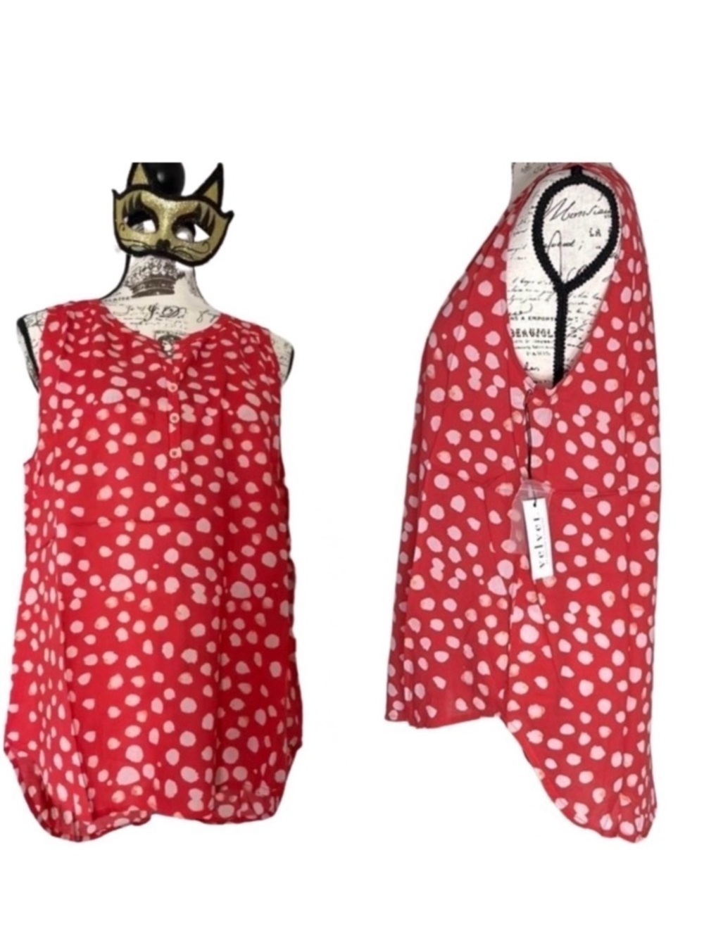 Velvet by Graham & Spencer Febe Royalty Red White Polka Dot Sleeveless Blouse M